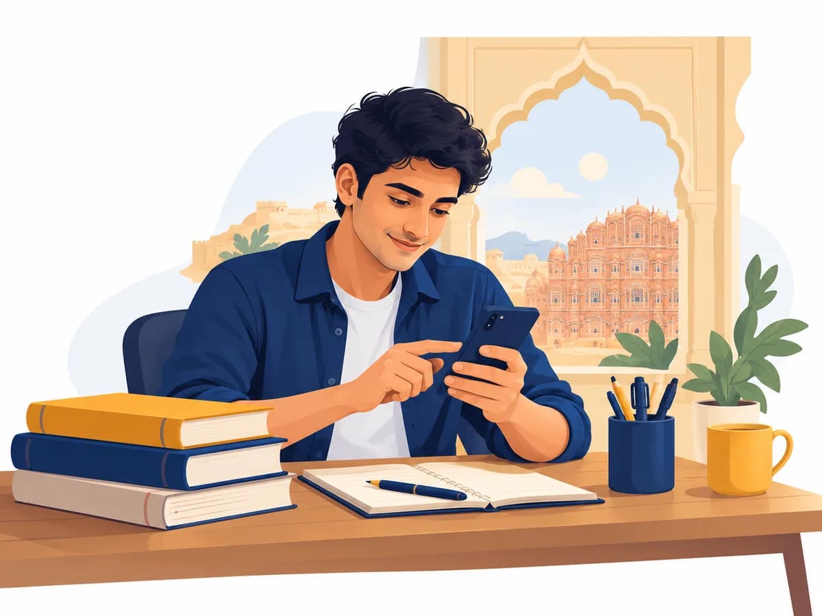 A student preparing for a Rajasthan exam on his phone, with Hawa Mahal in the window