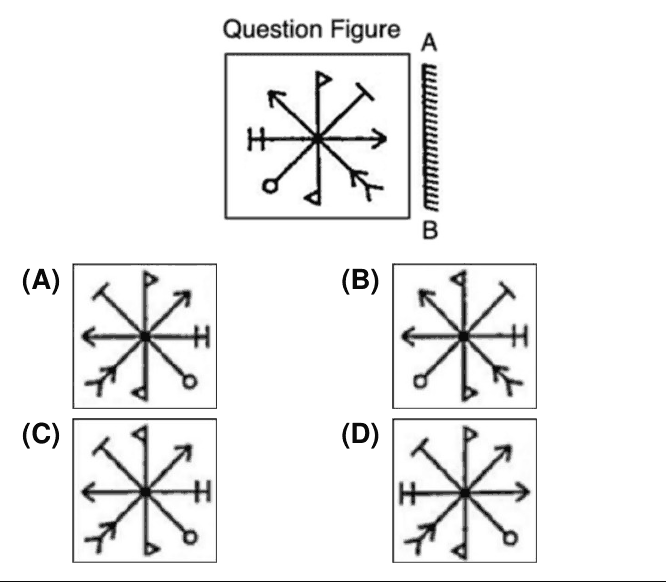 Question figure: an eight-armed star with differently shaped ends (flags, H-bar, arrows, T-bar, circle, feathered tail) and a vertical mirror AB on its right; options (A) to (D) show four candidate mirror images.