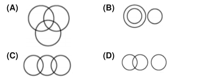 Four Venn diagrams: (A) three mutually overlapping circles; (B) one circle inside another, with a separate third circle; (C) three circles in a row, each overlapping the next; (D) two overlapping circles and a separate third circle.