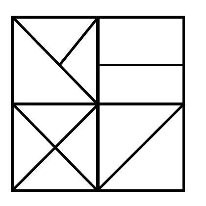 A square divided into four smaller squares: the top-left has a diagonal and a short slanting line, the top-right is split into two strips, the bottom-left has both diagonals, and the bottom-right has one diagonal