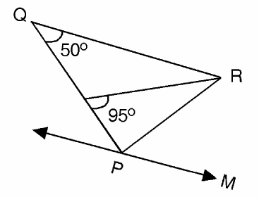 Triangle PQR with Q at the top left, R at the right and P at the bottom; the angle at Q is marked 50°. A line from R meets side QP at a point where the angle below it is marked 95°. Through P runs a line with arrows at both ends, the right end labelled M.