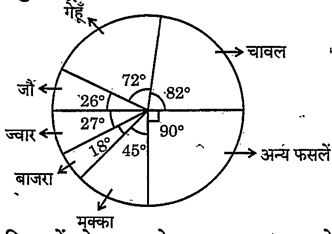 Pie chart: Wheat 72°, Rice 82°, Other crops 90°, Maize 45°, Bajra 18°, Sorghum 27°, Barley 26°